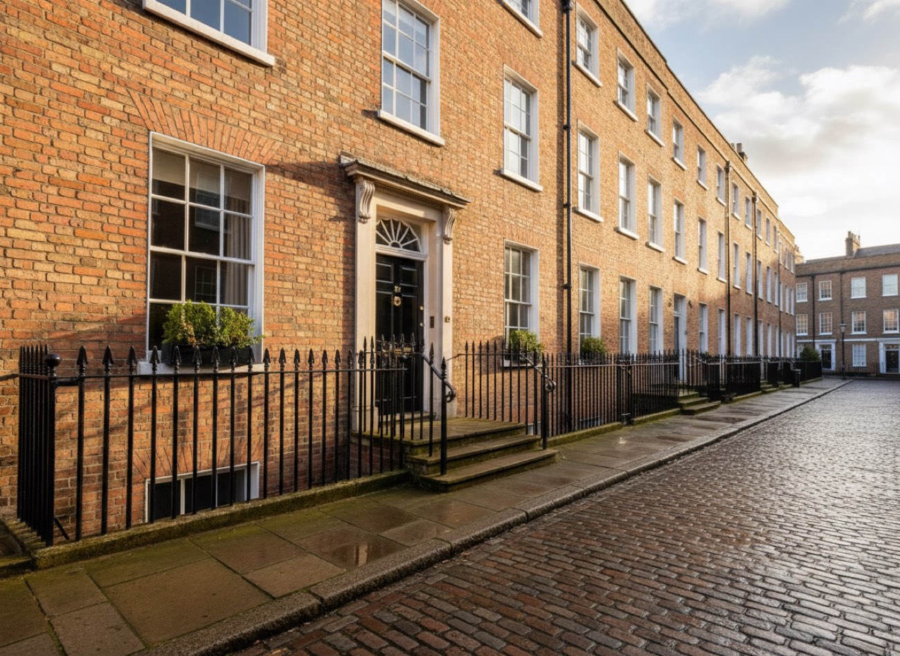 A row of townhouses on a cobbled street in evening light